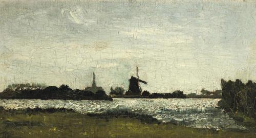 Theo van Doesburg River landscape with steeple and mill. Norge oil painting art